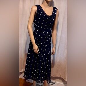 Navy Polka Dot midi dress with Tie Waist medium